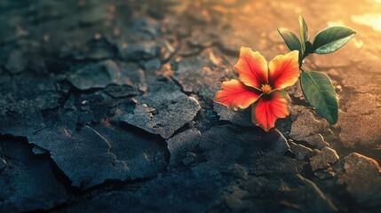 Vibrant Flower Blooming on Cracked Ground Showing Resilience in Nature's Beauty Against a Gritty and Desolate Background