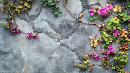 Beautiful composition of vibrant flowers and green vines against a textured gray wall showcasing nature's resilience and urban aesthetics in a harmonious setting.
