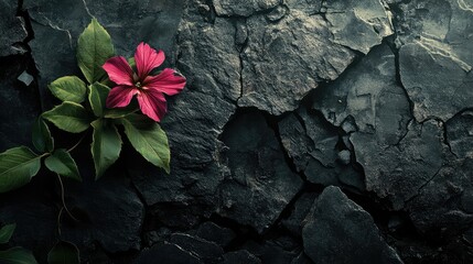 A Resilient Flower Blooming Against Dark Cracked Stone, Symbolizing Strength and Beauty in Adversity, Capturing Nature's Contrast and Delicate Elegance in a Striking Setting