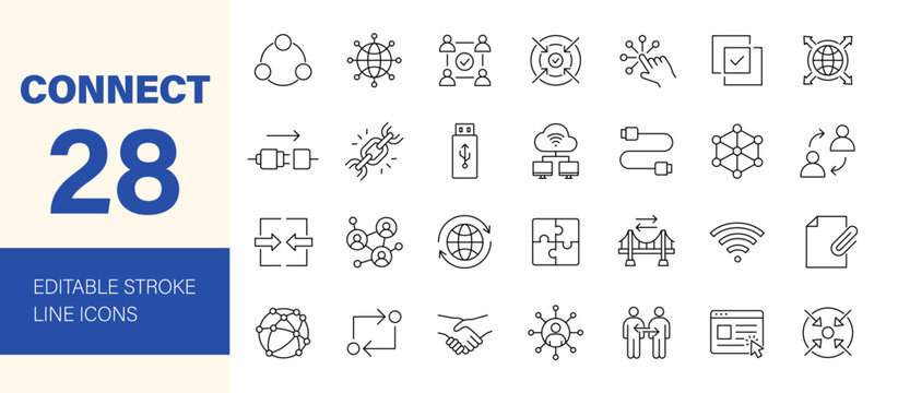 Connect icon set. Containing network, join, collaboration, connectivity, interaction, cable, integration, connection, link, together and more. Editable line icons. Vector illustration.