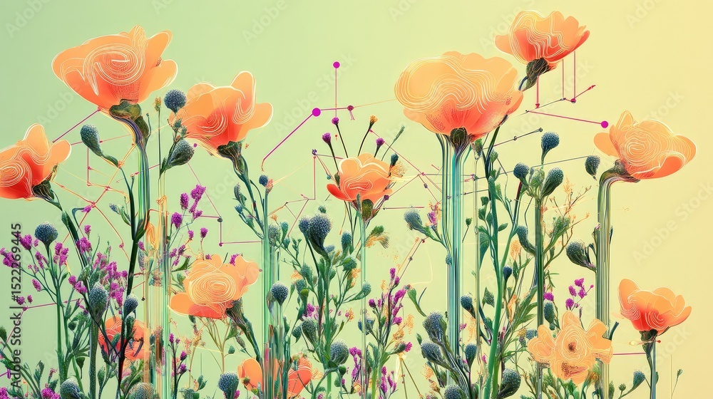 Poster vibrant floral composition with abstract elements creating a harmonious blend of nature and geometry