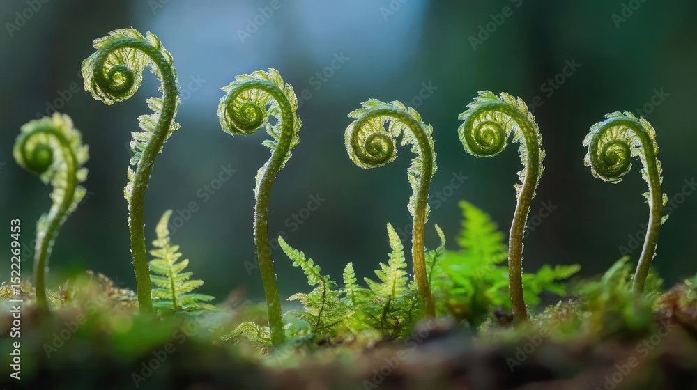 Poster captivating green fern fiddleheads emerging from earth with a soft glow in a forest setting showcasi