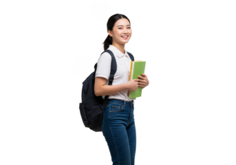 Isolated Portrait Of Asian Student With Backpack And Books On Transparent