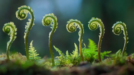 Captivating Green Fern Fiddleheads Emerging from Earth with a Soft Glow in a Forest Setting Showcasing the Beauty of Nature Renewal and Growth in Spring