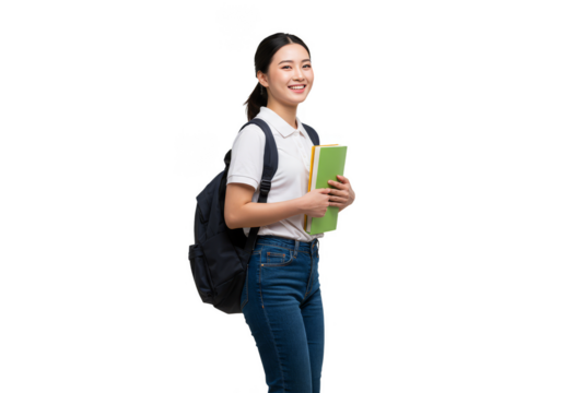 Isolated Portrait Of Asian Student With Backpack And Books On Transparent