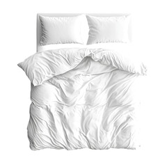 A pristine, top-down perspective captures a meticulously made bed, with crisp linens, plump pillows, and an inviting, soft duvet. A testament to the beauty of simplicity and the promise of rest.