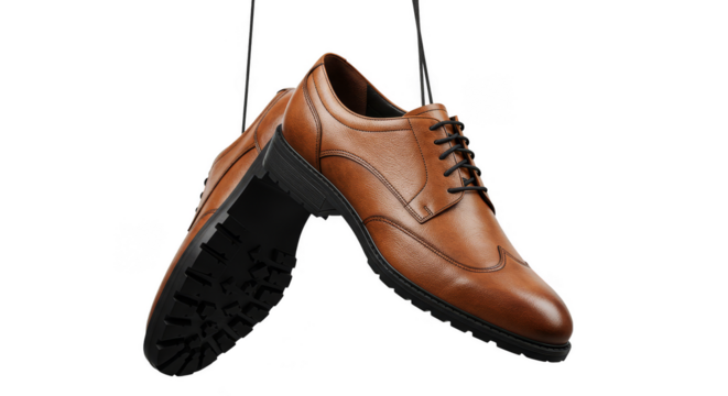 Isolated Pixelated Brown Mens Shoes Hanging On Transparent Background - Powered by Adobe