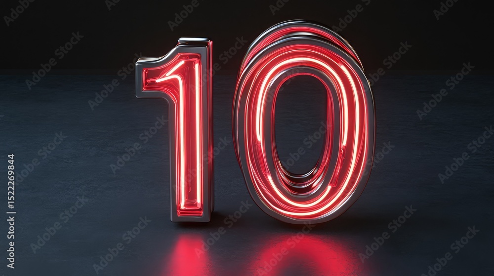 Poster glowing neon number ten in a dark environment with reflective surface creating a modern and futurist