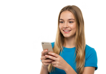 Isolated Portrait Of Teen Girl Enjoying Phone on Transparent Background