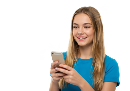 Isolated Portrait Of Teen Girl Enjoying Phone on Transparent Background