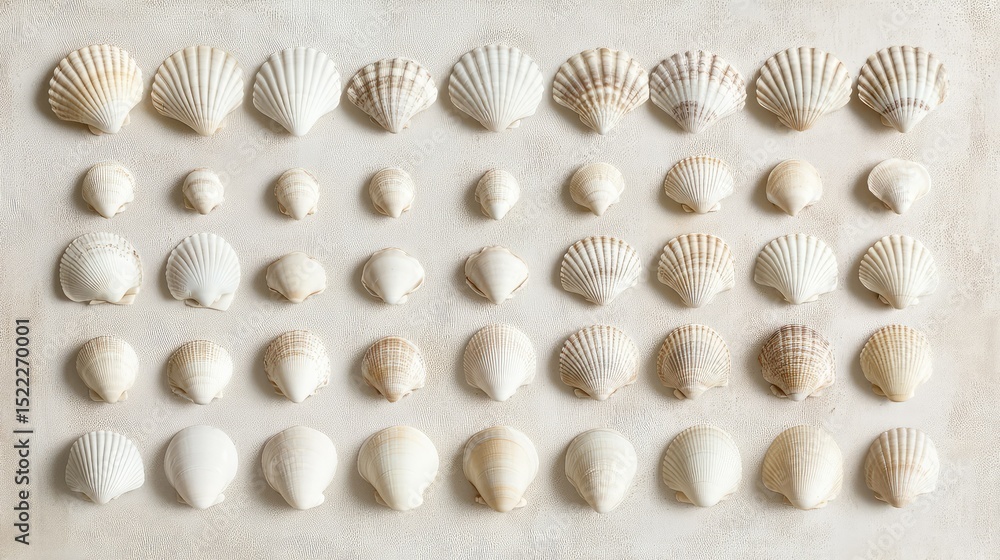 Poster a collection of diverse seashells displayed on a light background, showcasing unique shapes and text