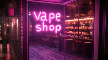 Neon "Smoke Shop" sign on glass door with vape store background