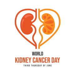World kidney cancer day - orange twin kidney in heart line shape sign vector design