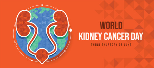 World kidney cancer day - orange kidney on circle globe world with low poly texture on orange background vector design