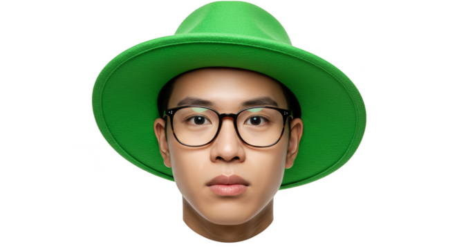 Isolated Portrait Man with Glasses and Green Hat on Transparent