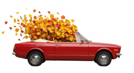 Isolated Red Convertible Car Filled with Autumn Leaves for Road Trip