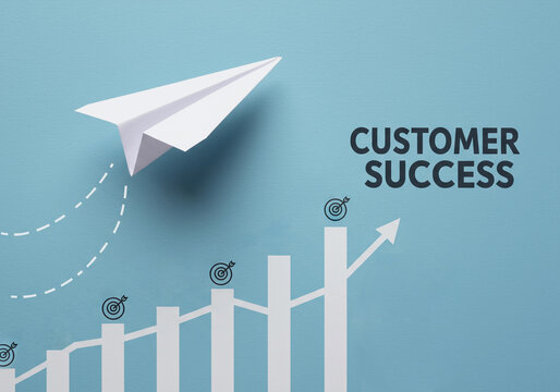 Business Journey Powered by Customer Goals - Paper plane symbolizes growth, innovation, and customer success with upward graph and targets with copy space