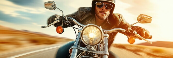 Fototapeta premium Biker riding motorcycle on desert road trip at sunset