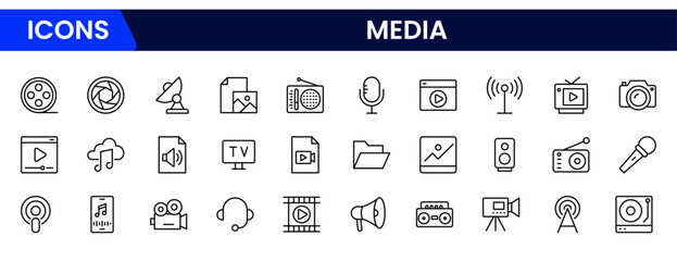 Dynamic vector web line icons showcasing media, broadcasting, streaming, journalism, cameras, microphones, and digital content creation tools.