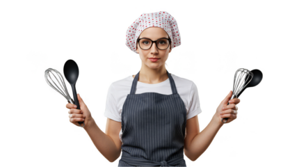 Isolated Portrait Of Chef Woman Holding Cooking Utensils With Apron And Glasses