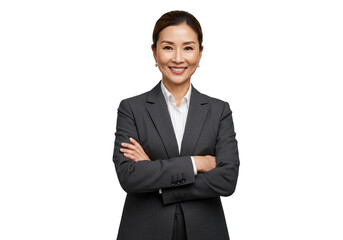 Isolated Portrait of Confident Asian Businesswoman in Gray Suit Smiling