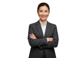 Isolated Portrait of Confident Asian Businesswoman in Gray Suit Smiling