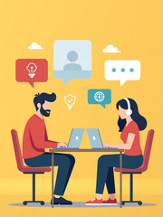customer service employees work laptops talking balloons icons appear represent customer needs