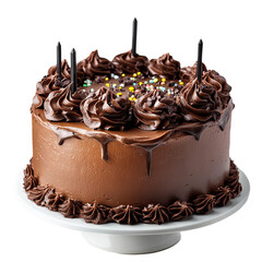 A delicious chocolate cake stands on a simple cake stand, adorned with decorative chocolate frosting swirls and several black candles, it is perfect for birthday celebration.
