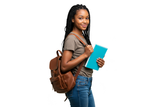 Isolated Portrait Of African American Student Woman With Backpack And Books