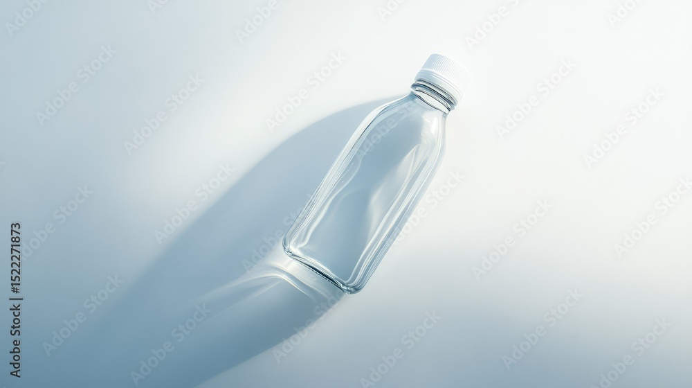 Poster clear glass bottle placed on a light background casting a subtle shadow, showcasing minimalist desig