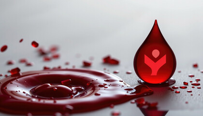 Fototapeta premium Vivid red droplet of liquid rests smooth surface, surrounded by smaller droplets, creating striking visual effect. droplet features logo