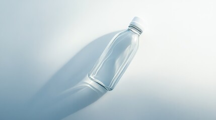 Clear glass bottle placed on a light background casting a subtle shadow, showcasing minimalist design and clean lines for product presentation or branding purposes
