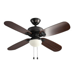 A detailed shot of an electric ceiling fan with wood grain blades, showcasing its modern design and functionality. A classic.