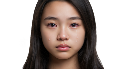 Isolated Portrait of Crying Young Asian Woman with Tears Emotional Stress