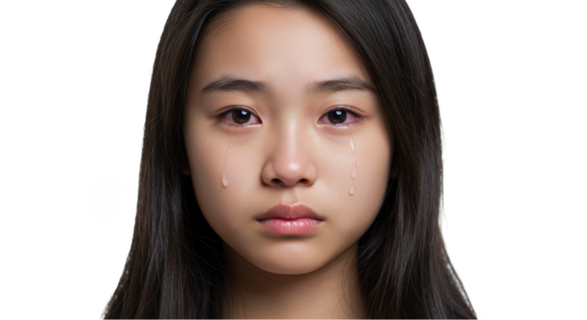 Isolated Portrait of Crying Young Asian Woman with Tears Emotional Stress