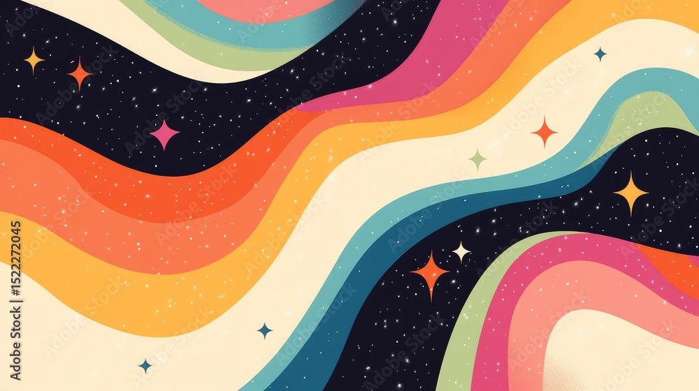Poster colorful abstract design with curved waves and starry elements ideal for backgrounds or creative pro