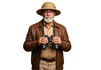 Isolated Portrait Senior Man with Binoculars in Safari Hat on Transparent
