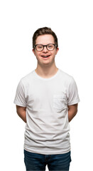 Isolated Potrait Of Young Down Syndrome Man in White Shirt Background