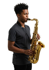 Isolated Portrait Young Black Man Plays Saxophone Music on Transparent