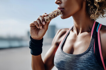 unrecognizable woman eating protein bar on a break from sports training