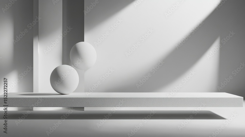 Poster minimalist display of two spherical forms resting on a textured surface in a simplistic monochrome e