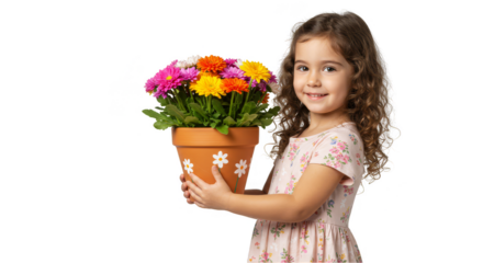 Isolated Portrait of Young Girl Holding Flower Pot in Transparent Background