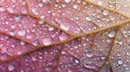 Fototapeta premium Macro of Dew Drops on a Vibrant Autumn Leaf Vein Texture Detail