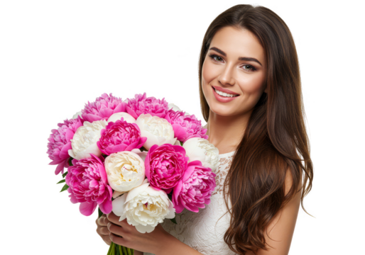 Isolated Portrait Woman Smiles with Pink and White Peonies Bouquet