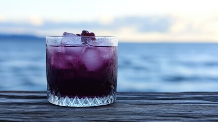 Refreshing Purple Cocktail with Ice Cubes on Wooden Table by the Beach with Calm Ocean in the Background Under Soft Cloudy Sky at Sunset