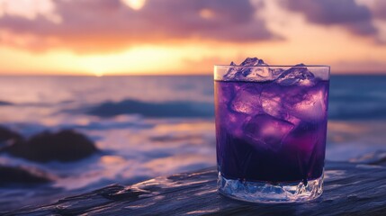 Refreshing Purple Cocktail with Ice Cubes Against a Beautiful Sunset Over Ocean Waves, Evoking Summer Vibes and Relaxation in Paradise