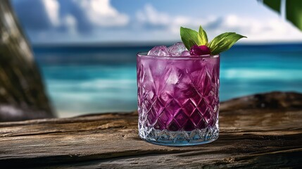 Refreshing Tropical Cocktail on a Beachside Table with Ocean View, Garnished with Fresh Herbs and Fruit, Evoking Summer Vibes and Relaxation