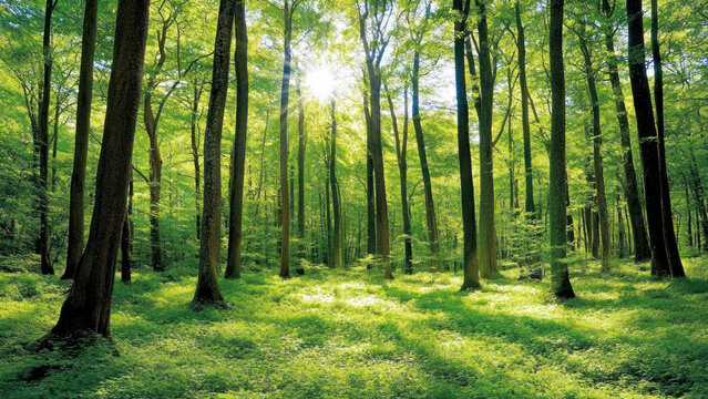 Lush forest with sunlight beams, desktop wallpaper