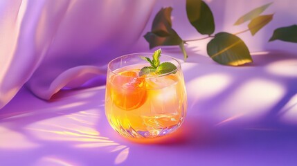 Refreshing Citrus Cocktail with Mint Garnish in a Stylish Glass, Set Against a Soft Fabric Background and Subtle Natural Elements, Perfect for Summer Vibes