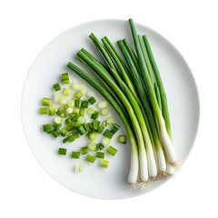 Fresh green onions, finely chopped and whole, arranged on a simple white plate, ready for culinary use.